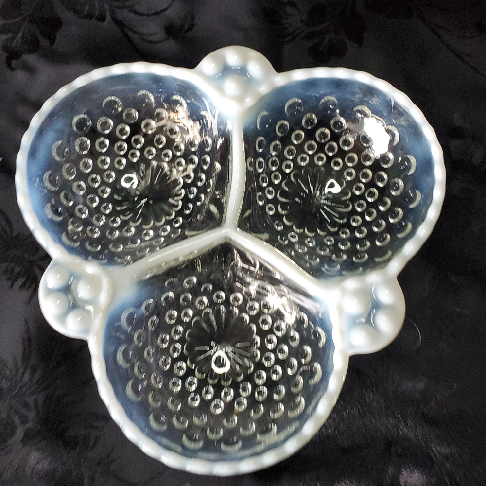Fenton Divided Dish Hobnail Moonstone Clear Opalescent Vintage 3 Section Candy